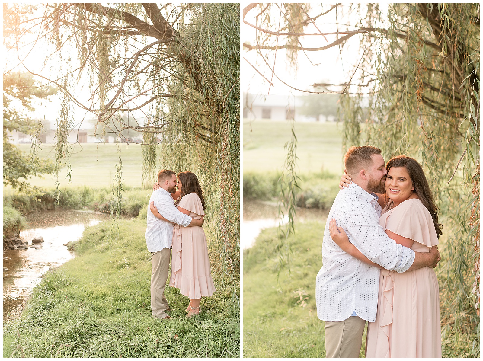 couple hugging and standing beside willow tree with stream running beside and behind them on sunny summer evening