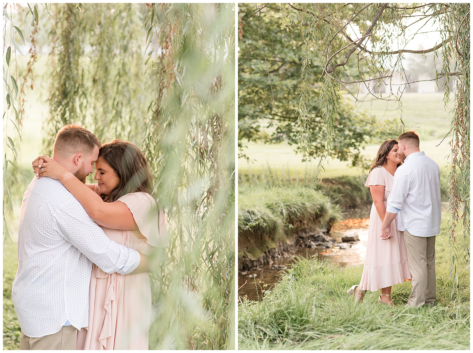 couple standing close with arms wrapped around each other under willow tree in grassy lawn on summer evening