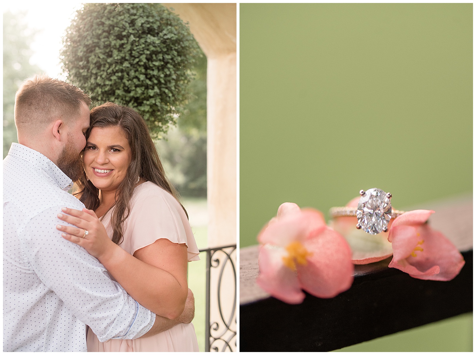 beautiful diamond engagement ring displayed on pink flowering branch with green background