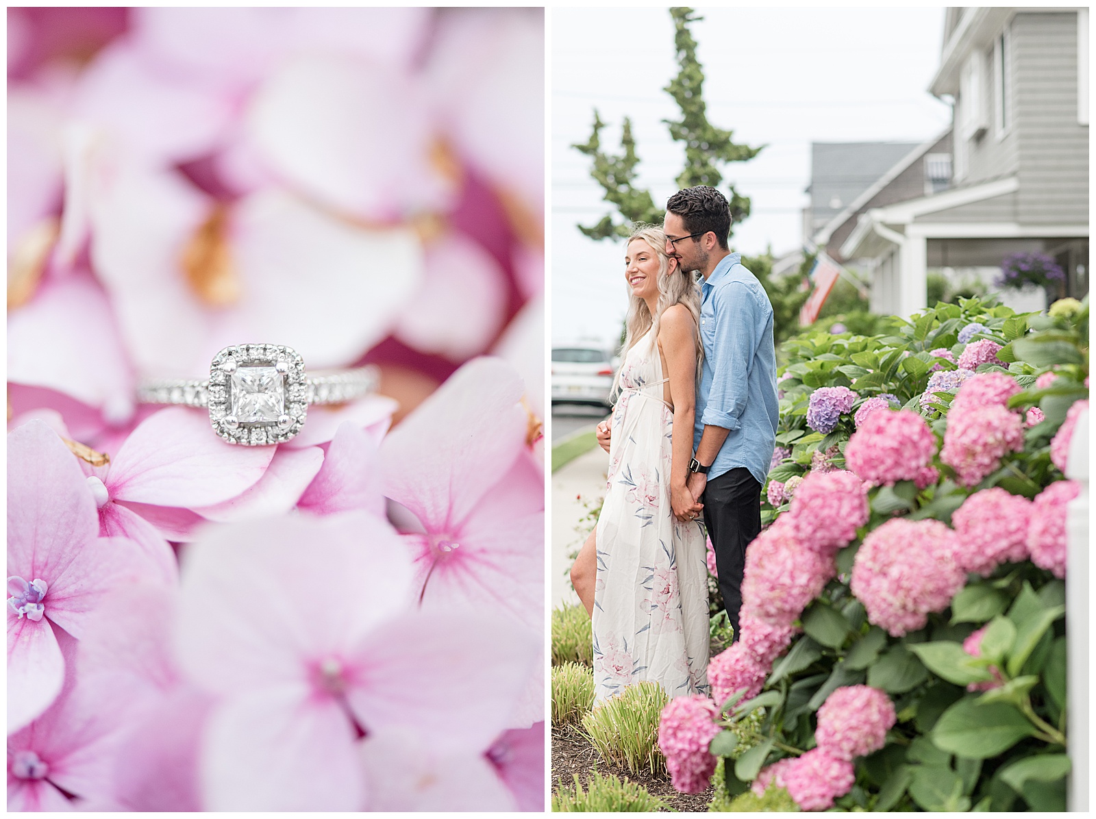 diamond engagement ring tucked into the pink petals of a new jersey hydrangea bush during engagement session