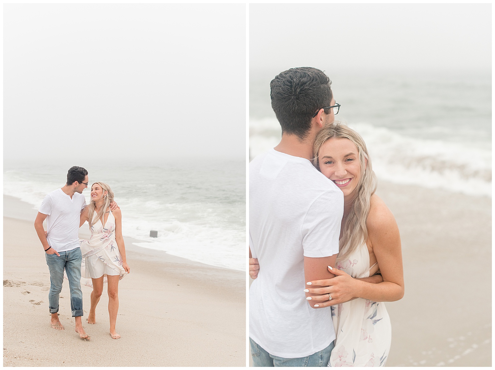 girl hugging guy and smiling as his back is toward camera and he looks at ocean in new jersey