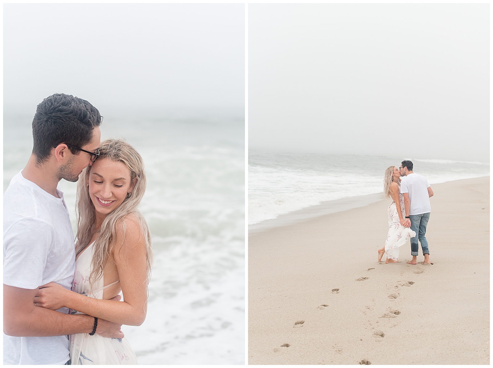 couple kissing with backs toward camera with their footprints left in the same next to ocean