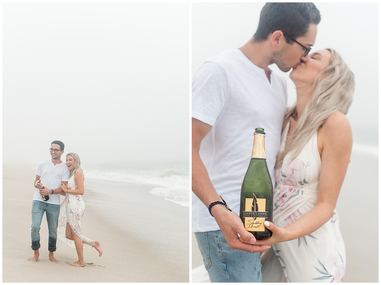 couple kissing while holding bottle of champagne along the beach on foggy evening