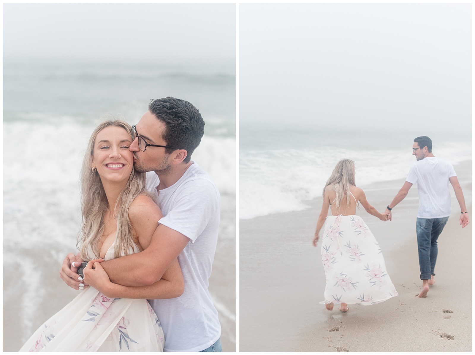 couple snuggles and walks along the shoreline on foggy summer evening at the beach