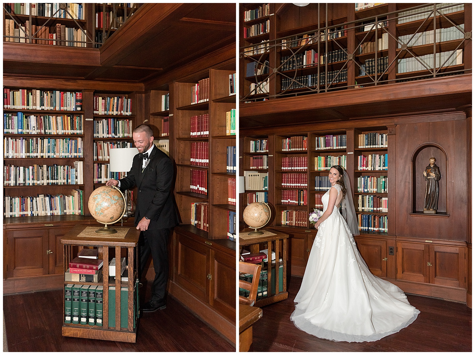 bride and groom individual portraits in the library at the Shrine of Saint Anthony
