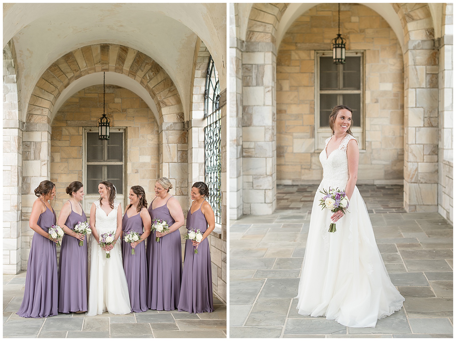bride and bridesmaids in light purple dress laughing together