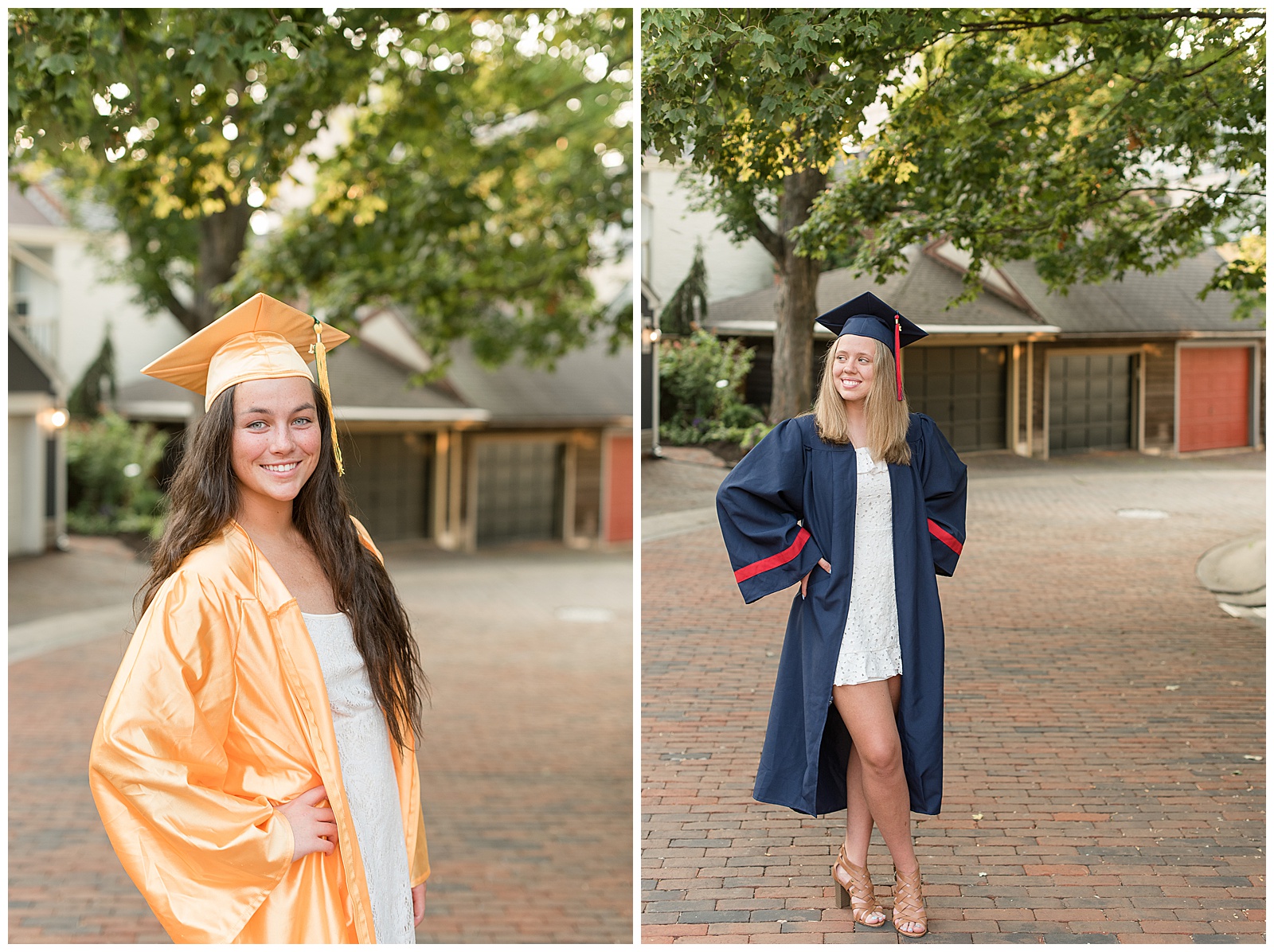 senior girls posing for camera with caps and gowns on standing on brick road under tree