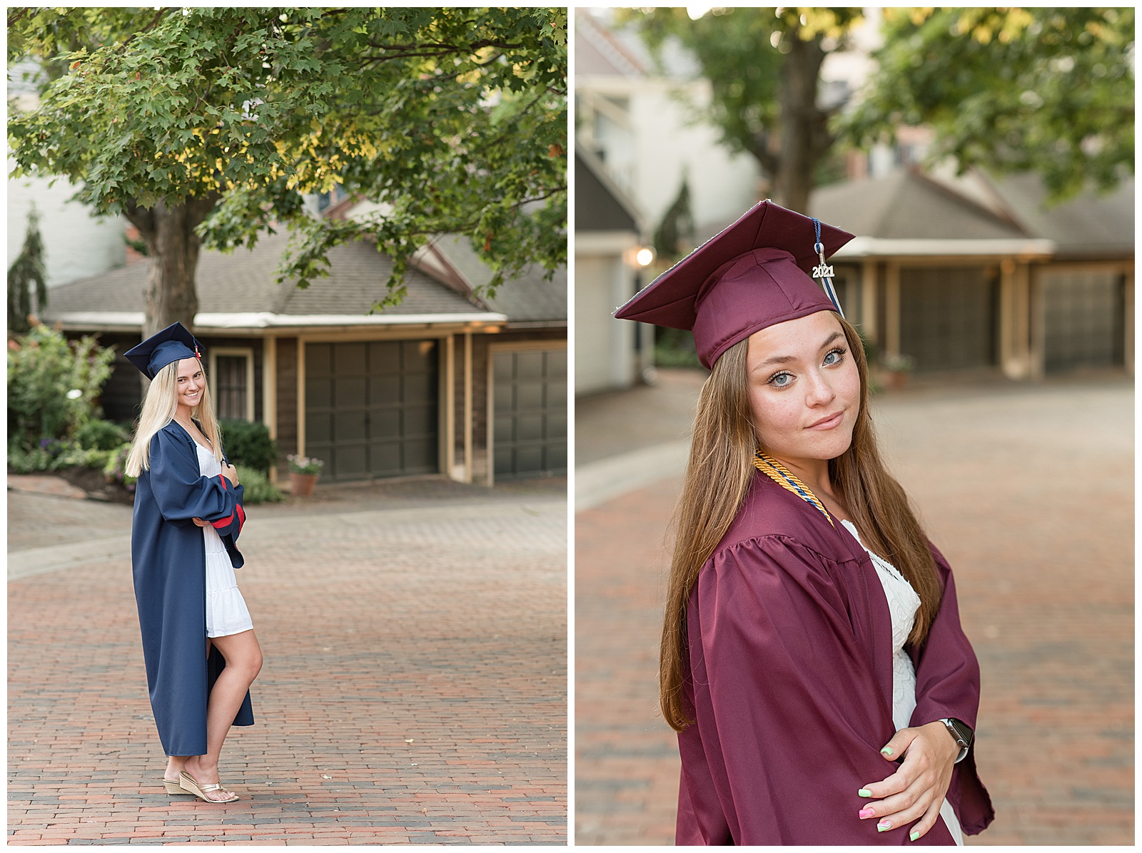 senior girls angled with right shoulders toward camera and arms crossed in graduation caps and gowns on brick road