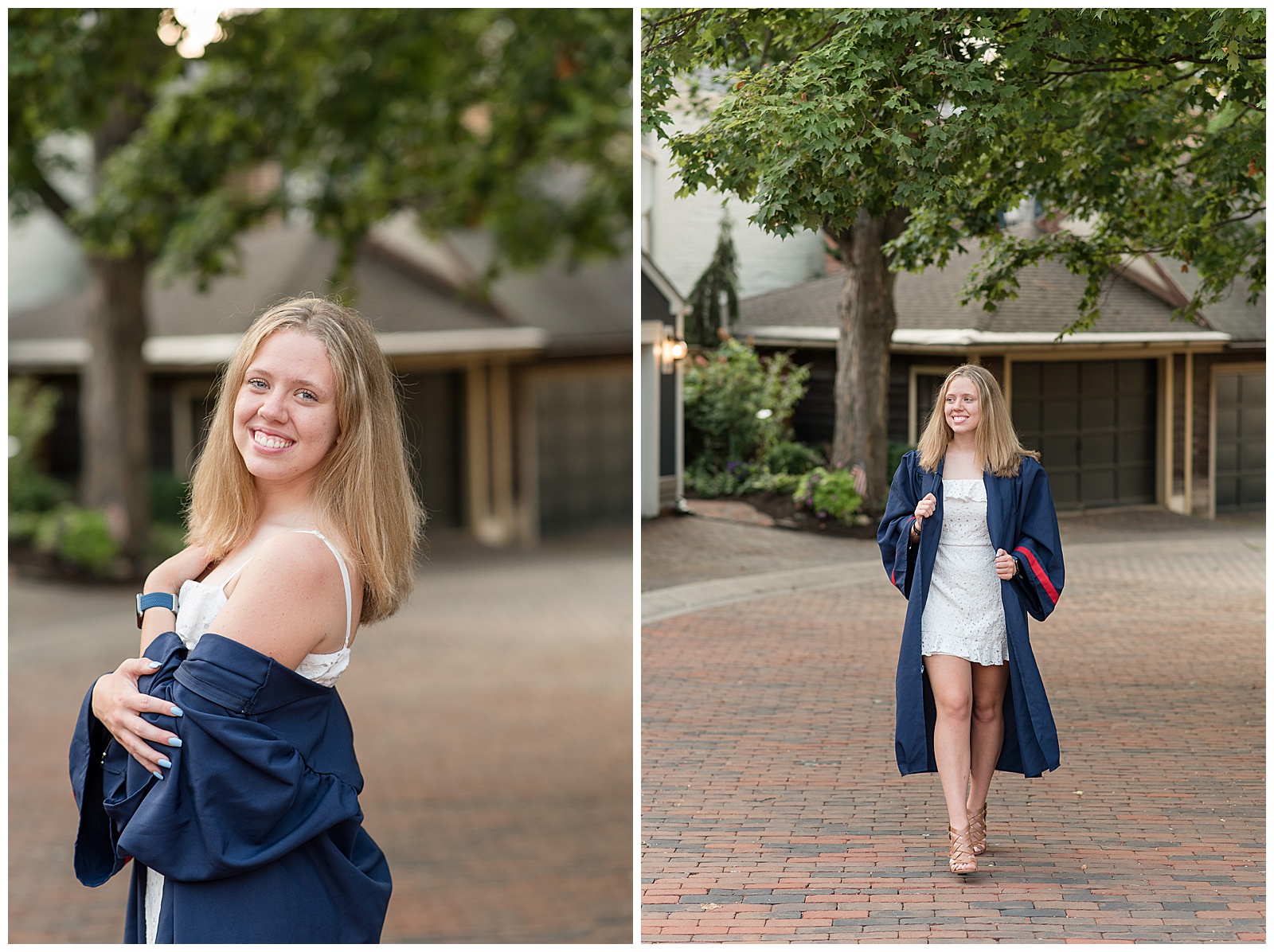 girl in navy blue graduation gown walking towards camera looking away smiling holding the edges of her open gown