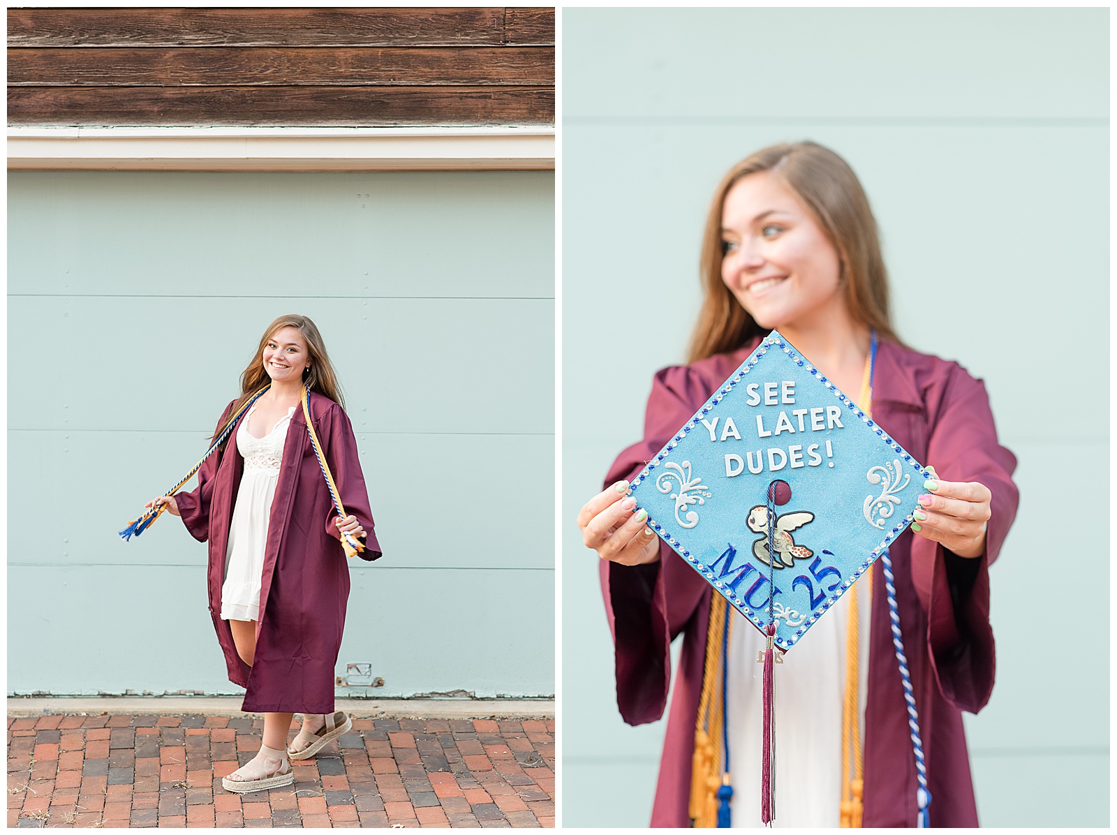 senior girl shows off decorated graduation cap for camera as she looks to her right smiling