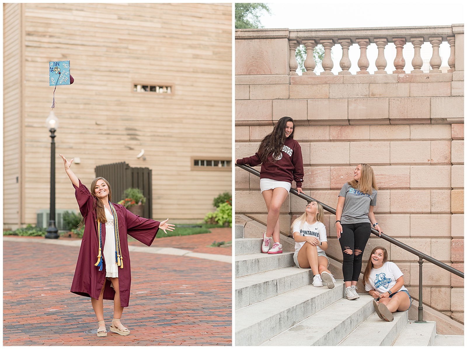 girl in maroon graduation gown tosses her cap into the sky looking up at it on a sunny evening