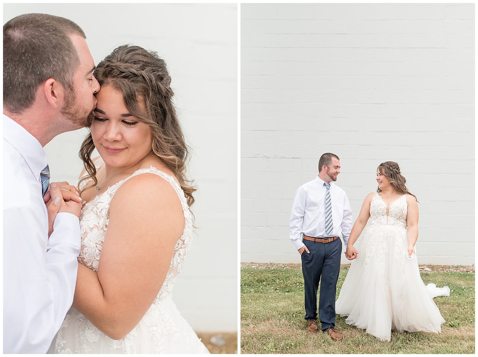 bride and groom portraits against white block wall