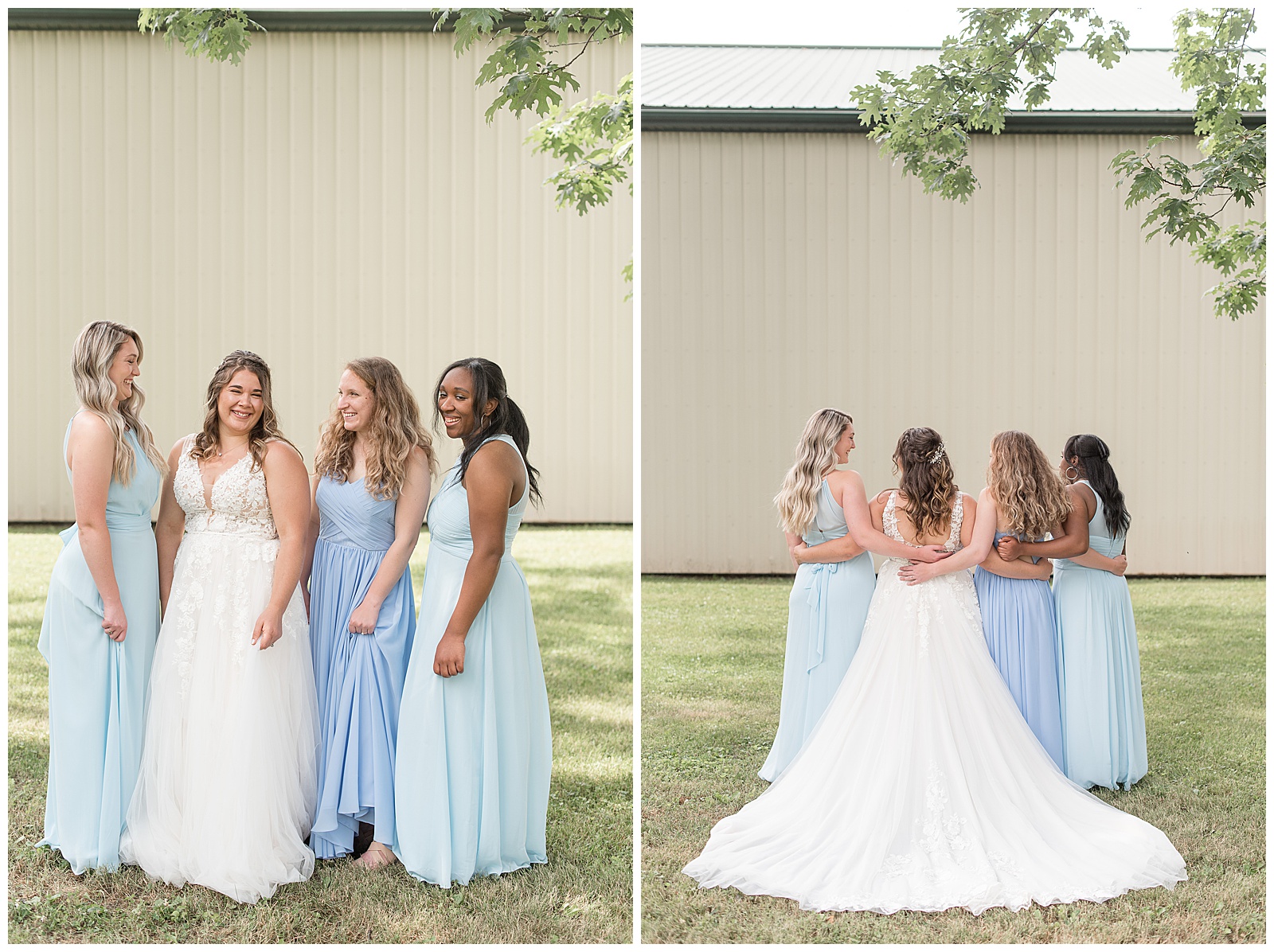 bridesmaids in dresses of shades of blue