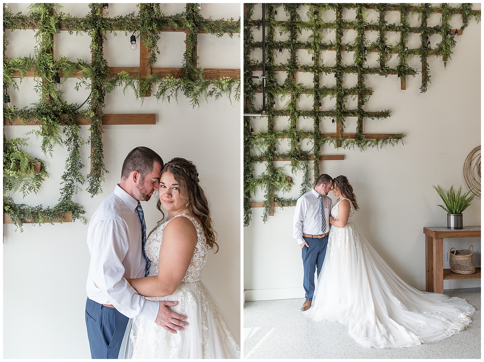 bride and groom portraits with trelis with greenery on wall behind