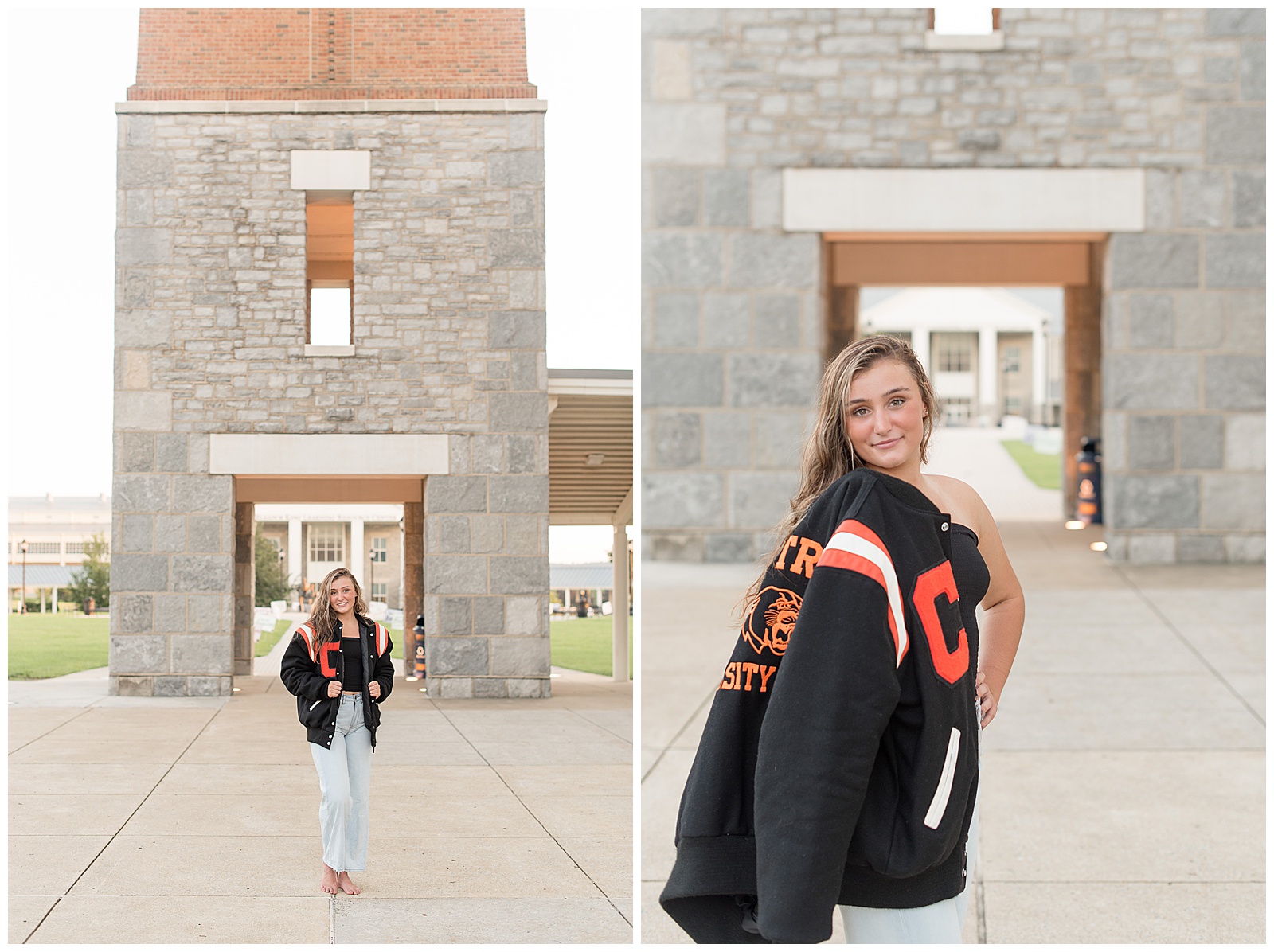 senior girl wearing Central York high school varsity jacket standing on walkway with building behind her on sunny summer evening