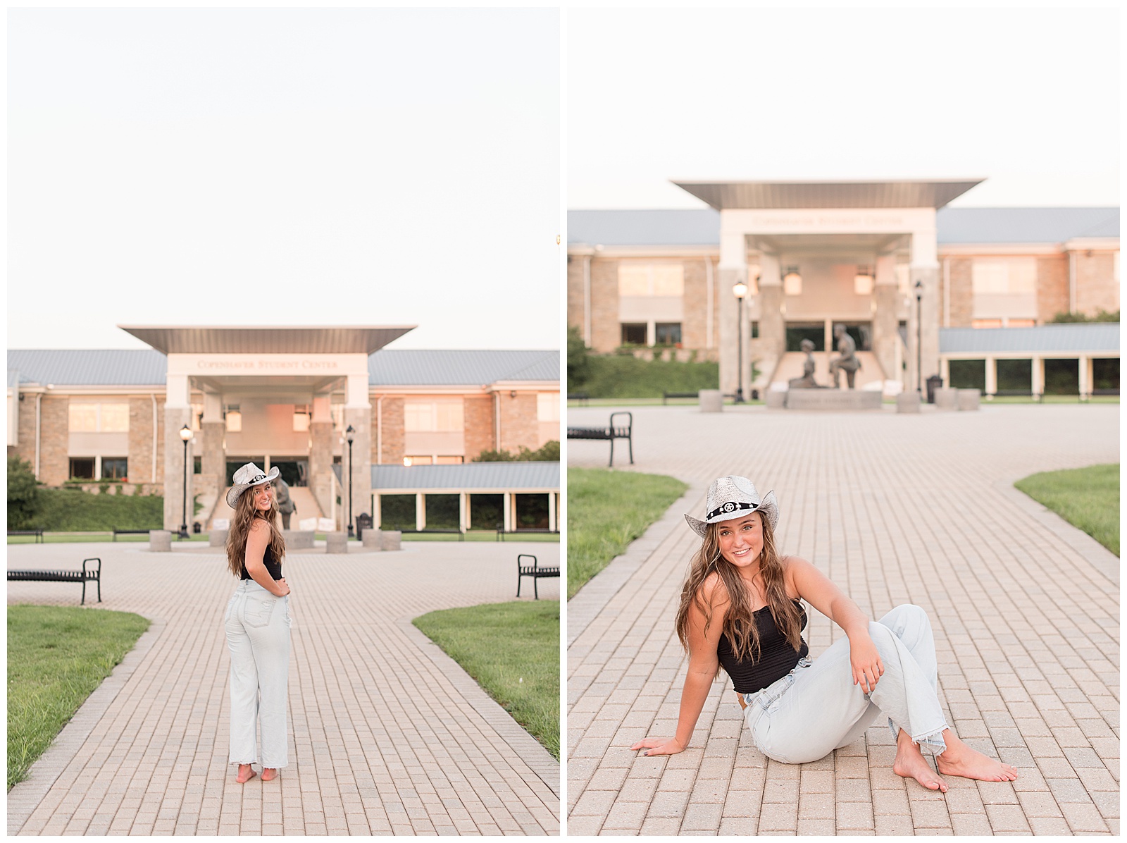 senior girl sitting on brick walkway wearing white cowboy hat on sunny summer evening with buildings behind her