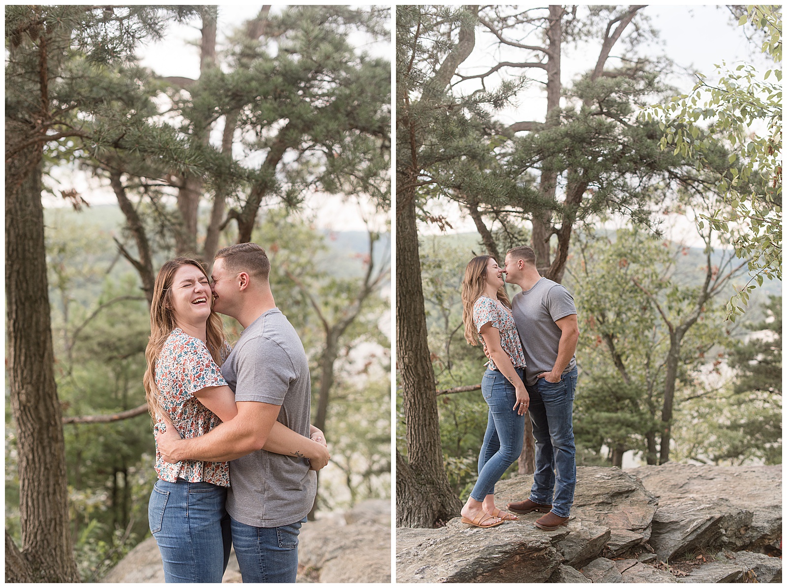 engaged couple standing close and almost kissing on large rock by trees on sunny summer evening in pennsylvania