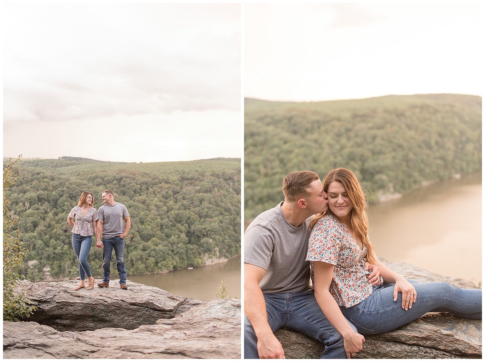 engaged couple on large rock overlooking river with forest of trees behind them on bright summer evening