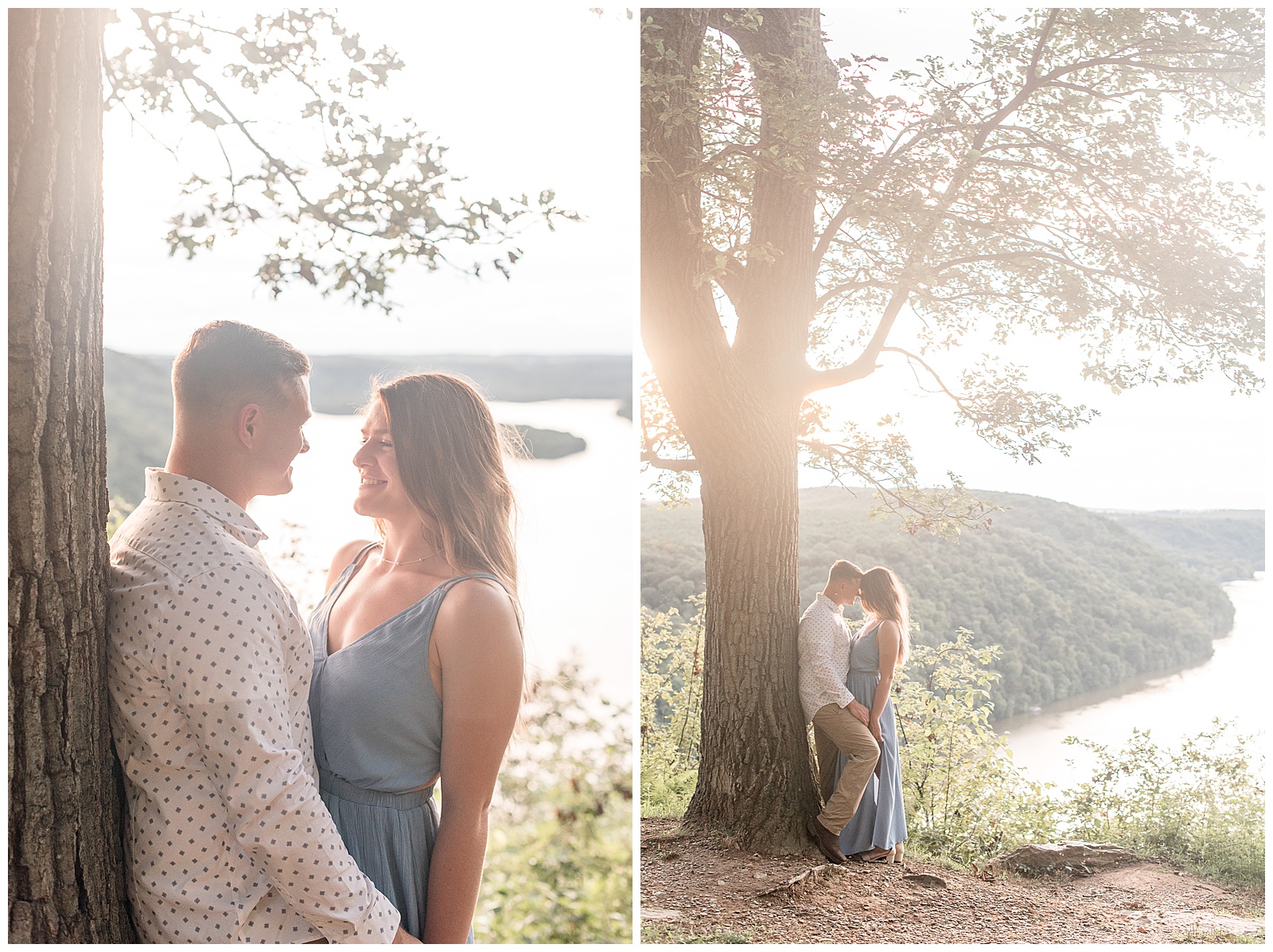 guy leaning back against tree on sunny evening as girl leans in and kisses him at pinnacle overlook