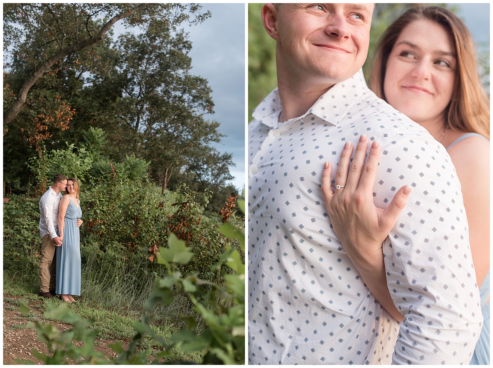engaged couple standing close and smiling with the bright sun shining on them surrounded by lush greenery
