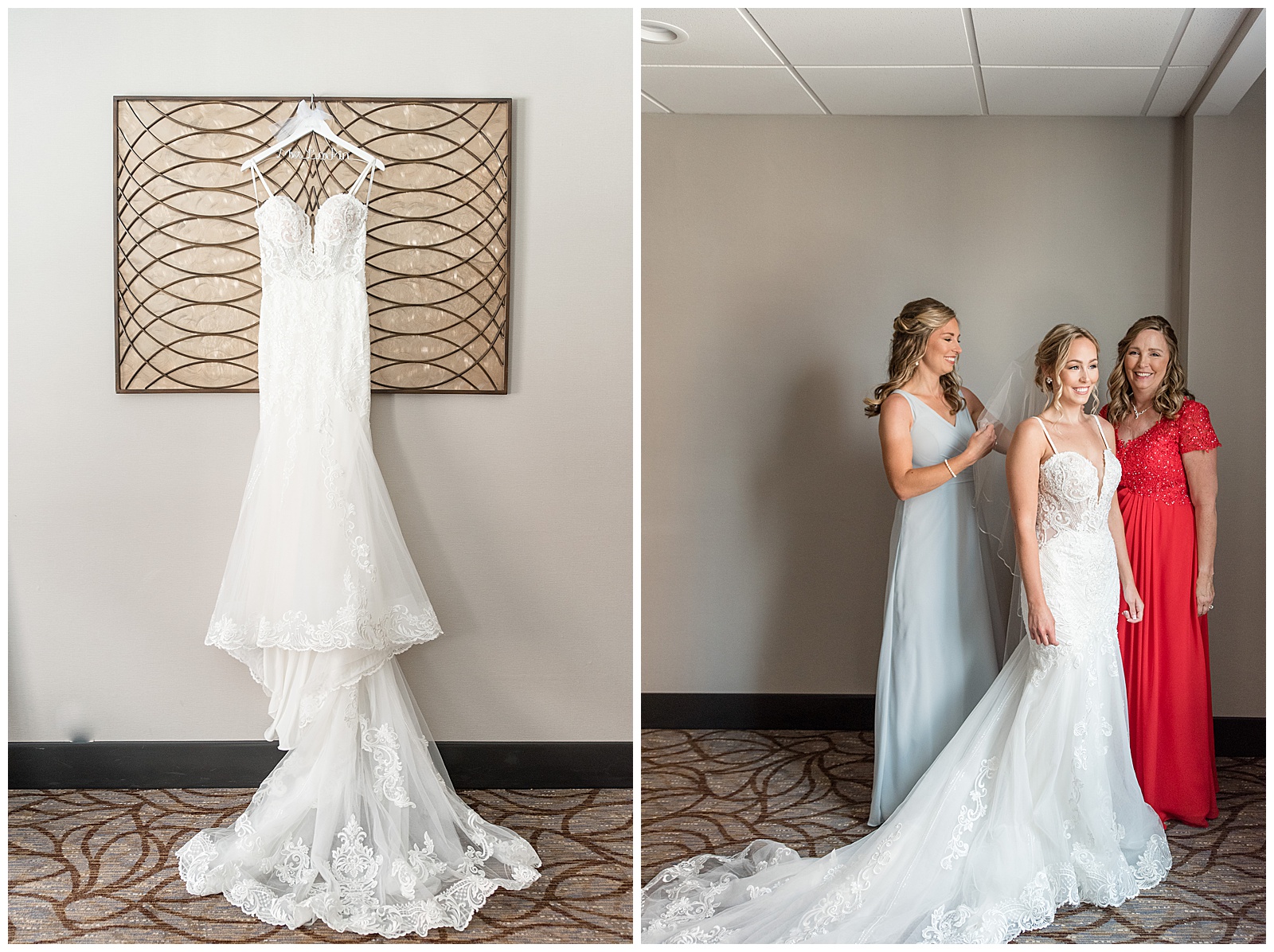 white bridal gown hanging on display in bridal suite