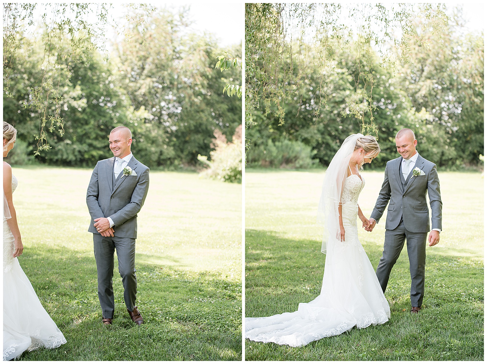 groom grinning with excitement as he sees his bride before their ceremony outside on sunny summer day