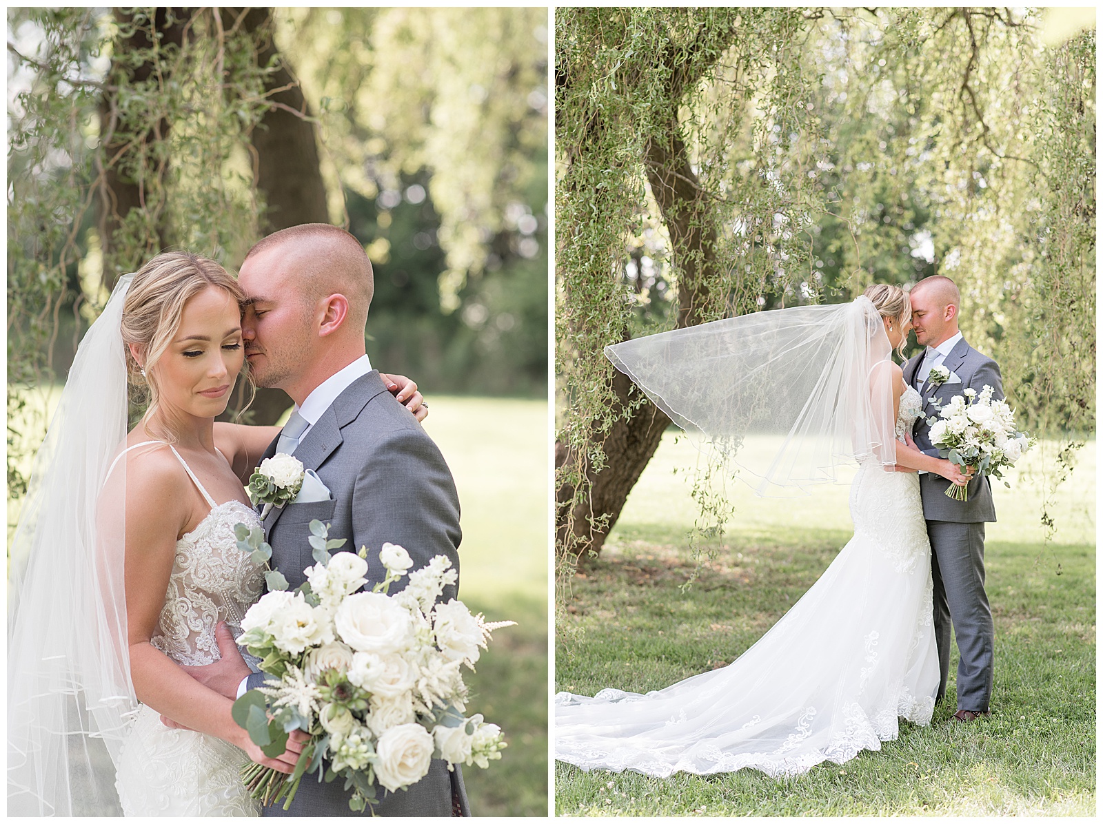 bride and groom hug as bride's veil blows in breeze behind her as they stand under willow tree