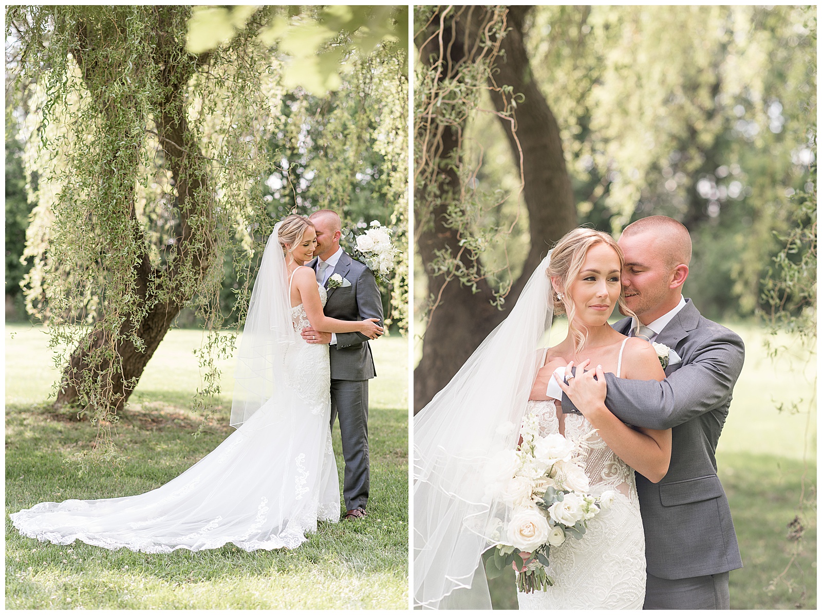 bride and groom hug as groom kisses bride under willow tree on sunny summer day
