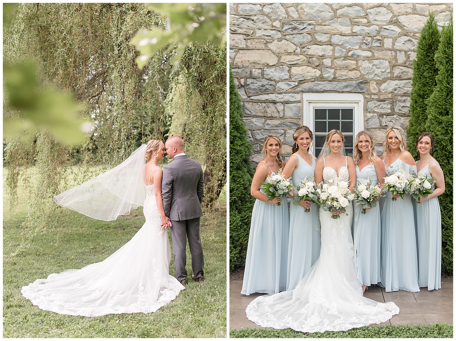 bride surrounded by bridesmaids in light blue dresses all holding bouquets outside beautiful stone building