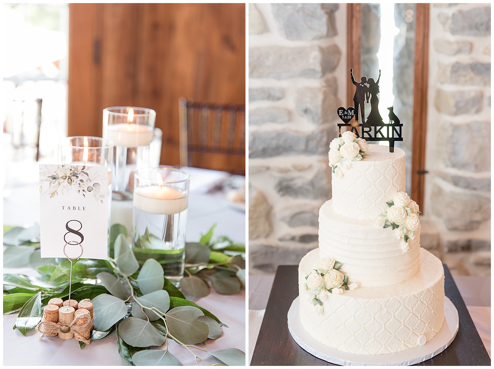 white wedding cake with beautiful white flowers displayed on table at barn reception