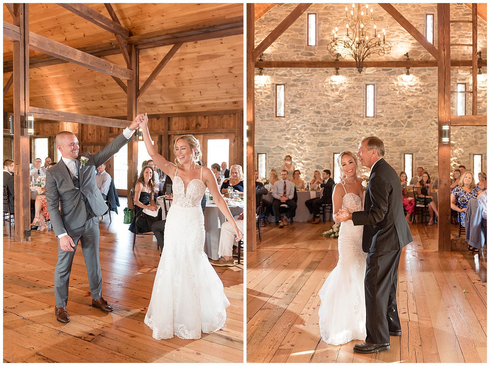 bride dances with her father inside beautiful stone and wood barn on sunny evening