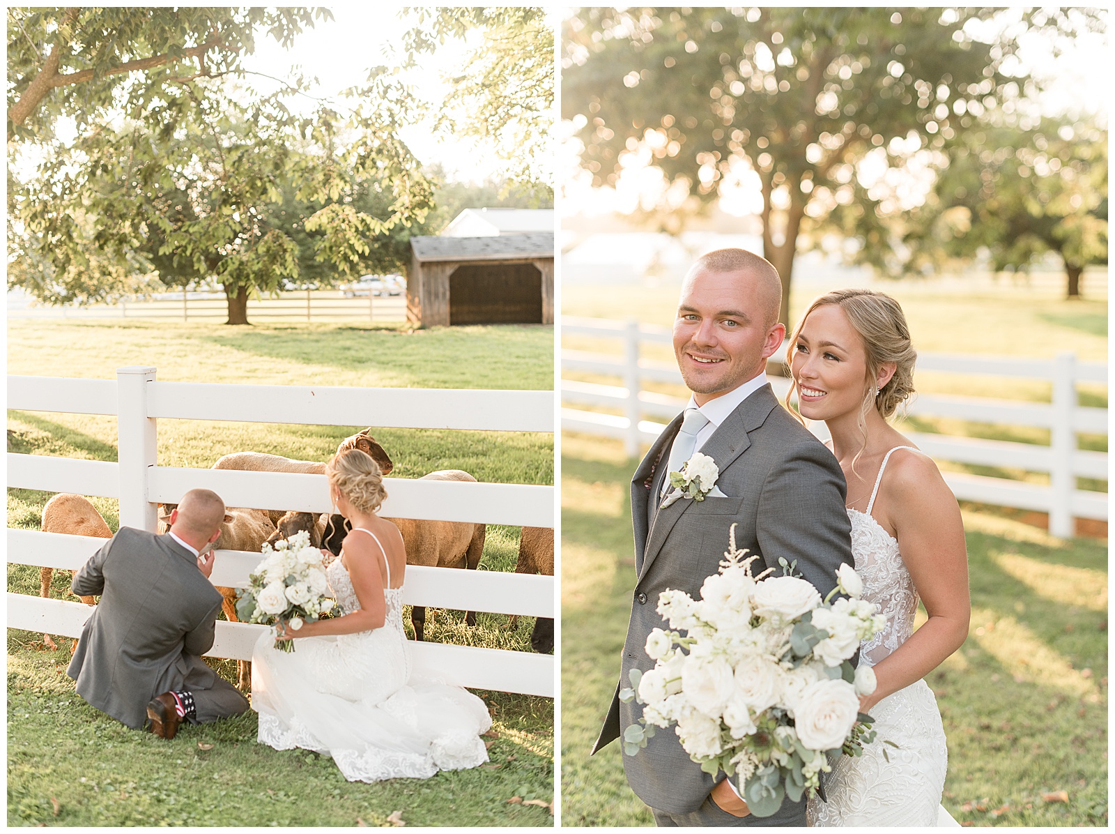 bride hugs groom from behind while holding her bouquet and they both smile on sunny evening by white fence