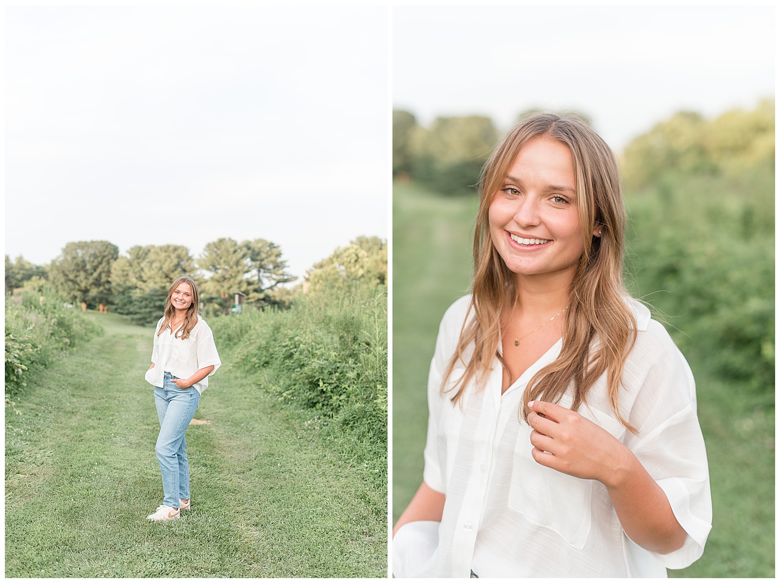 senior girl in loose white button up shirt and blue jeans smiling by tall grasses