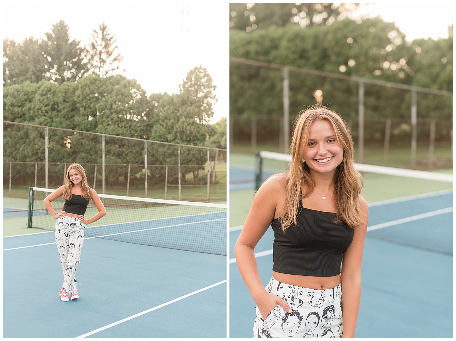 senior girl with right hand tucked into pants pocket smiling standing on tennis court on sunny evening
