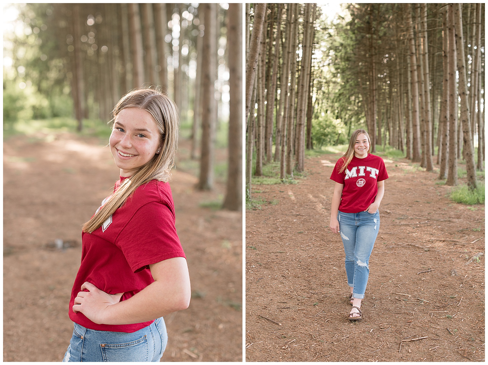 senior girl posing with left shoulder towards camera and hands on hips as she smiles at camera near pine tree grove