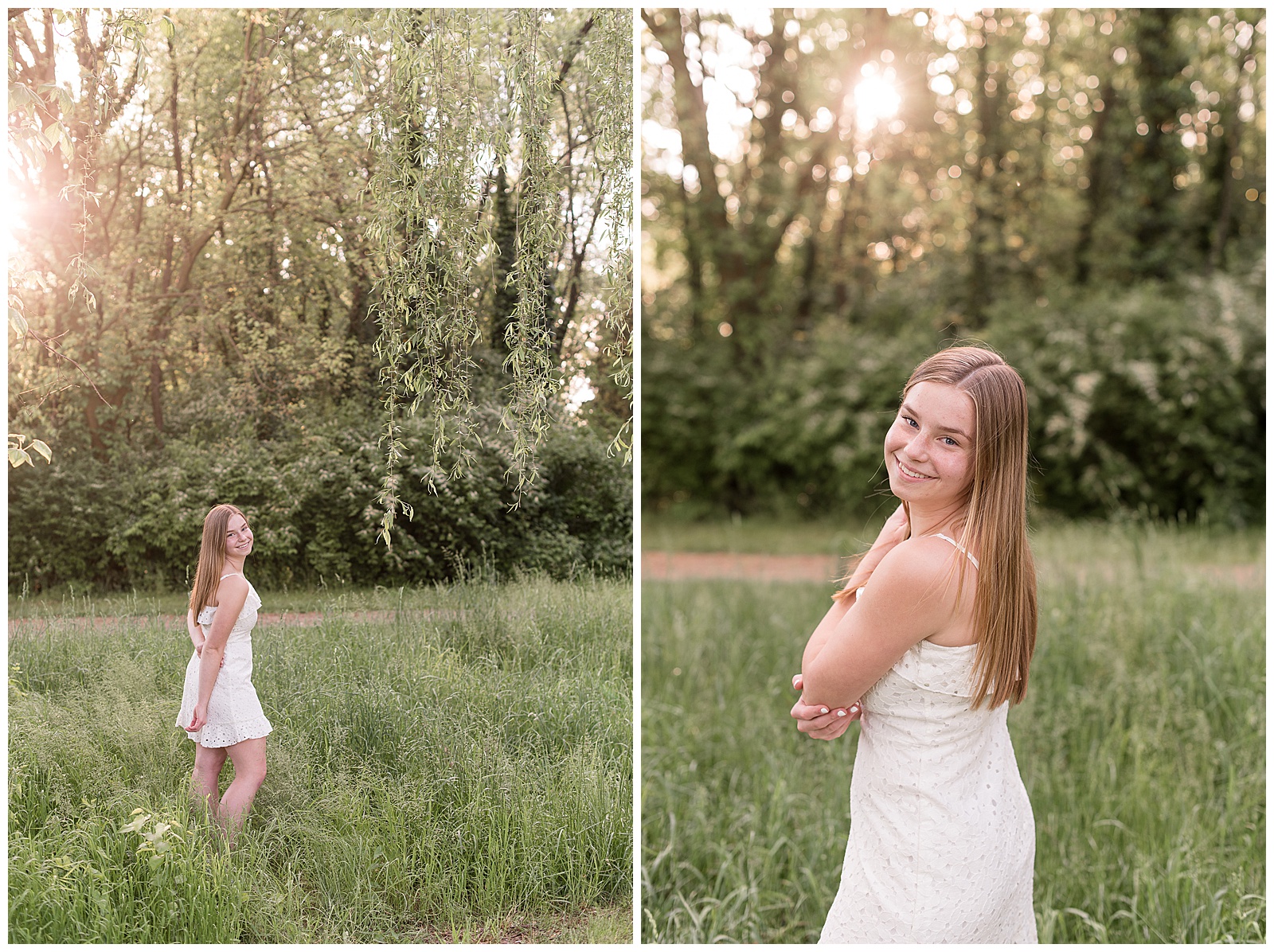 senior girl standing with back towards camera among tall grasses with sun poking through trees behind her on summer evening