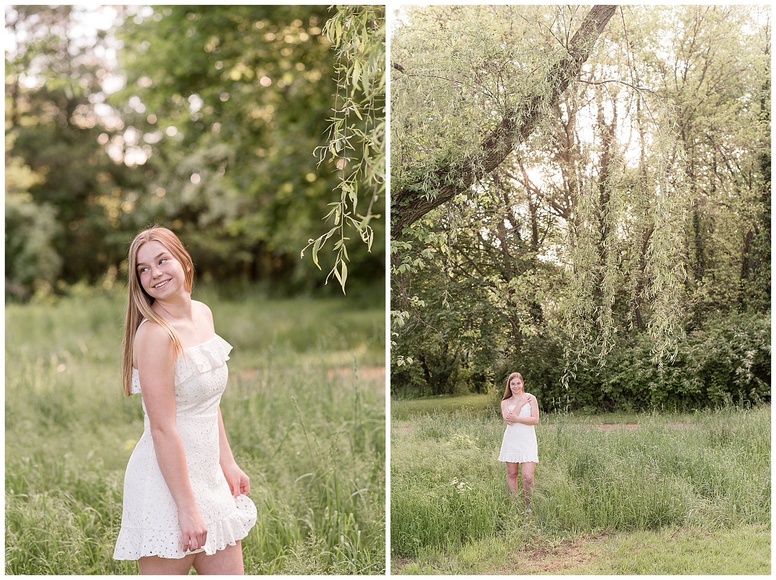 senior girl looking back over right shoulder smiling near willow tree on sunny summer evening