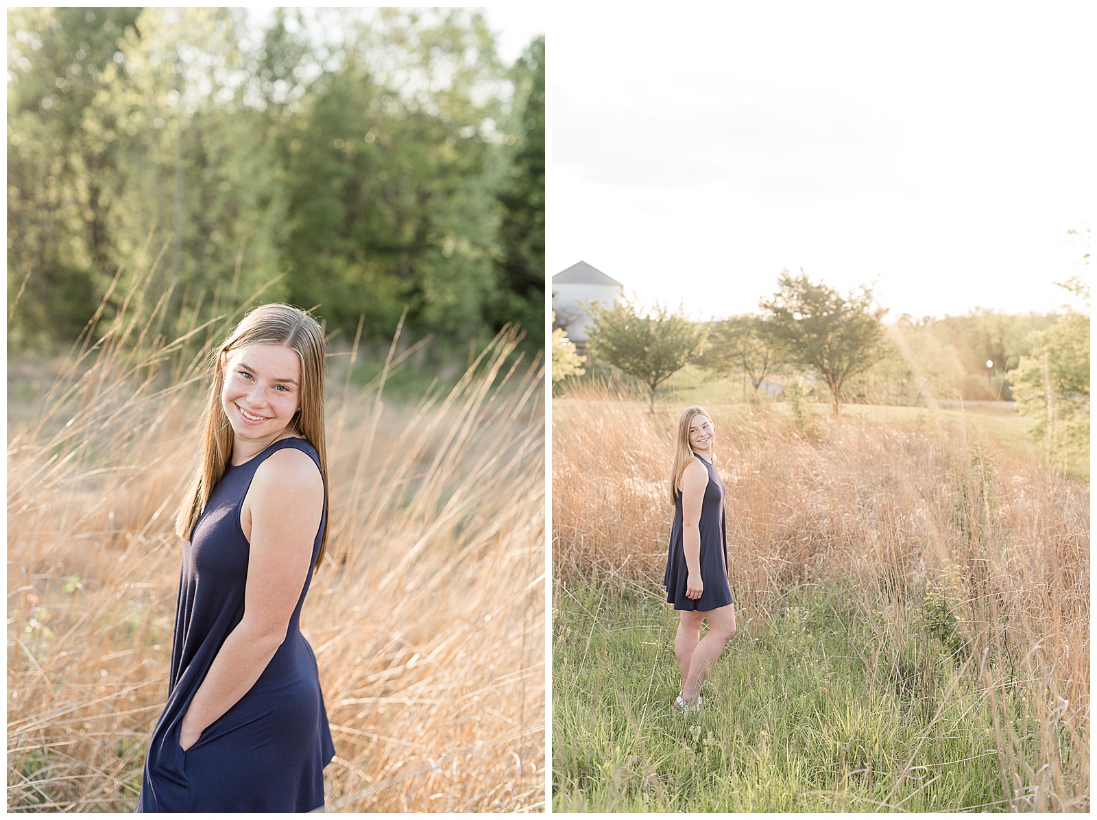 senior girl standing by dry tall wild grasses looking over shoulder smiling on a sunny summer evening