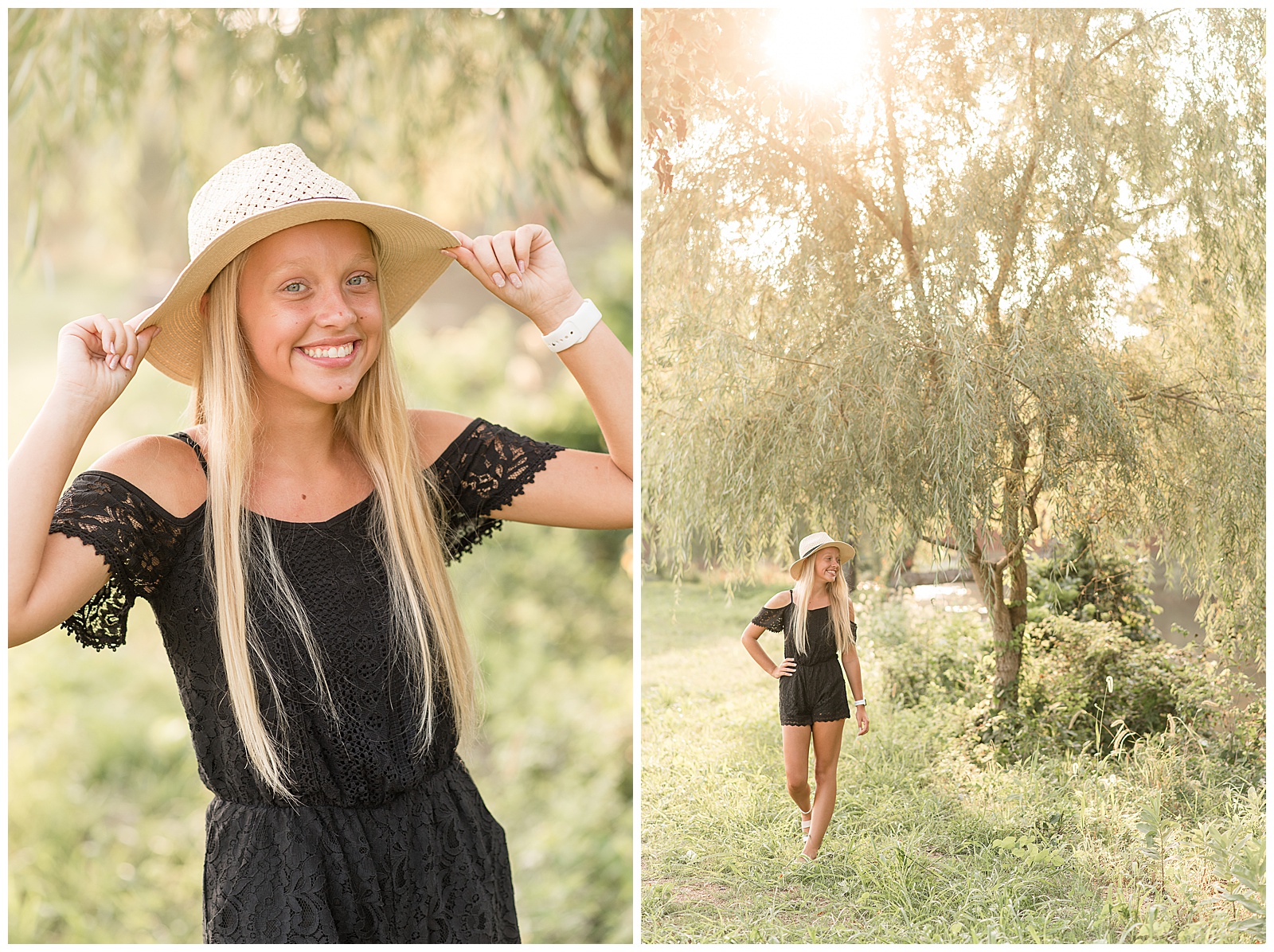 senior girl tips her hat as she smiles at camera on sunny summer evening by willow tree