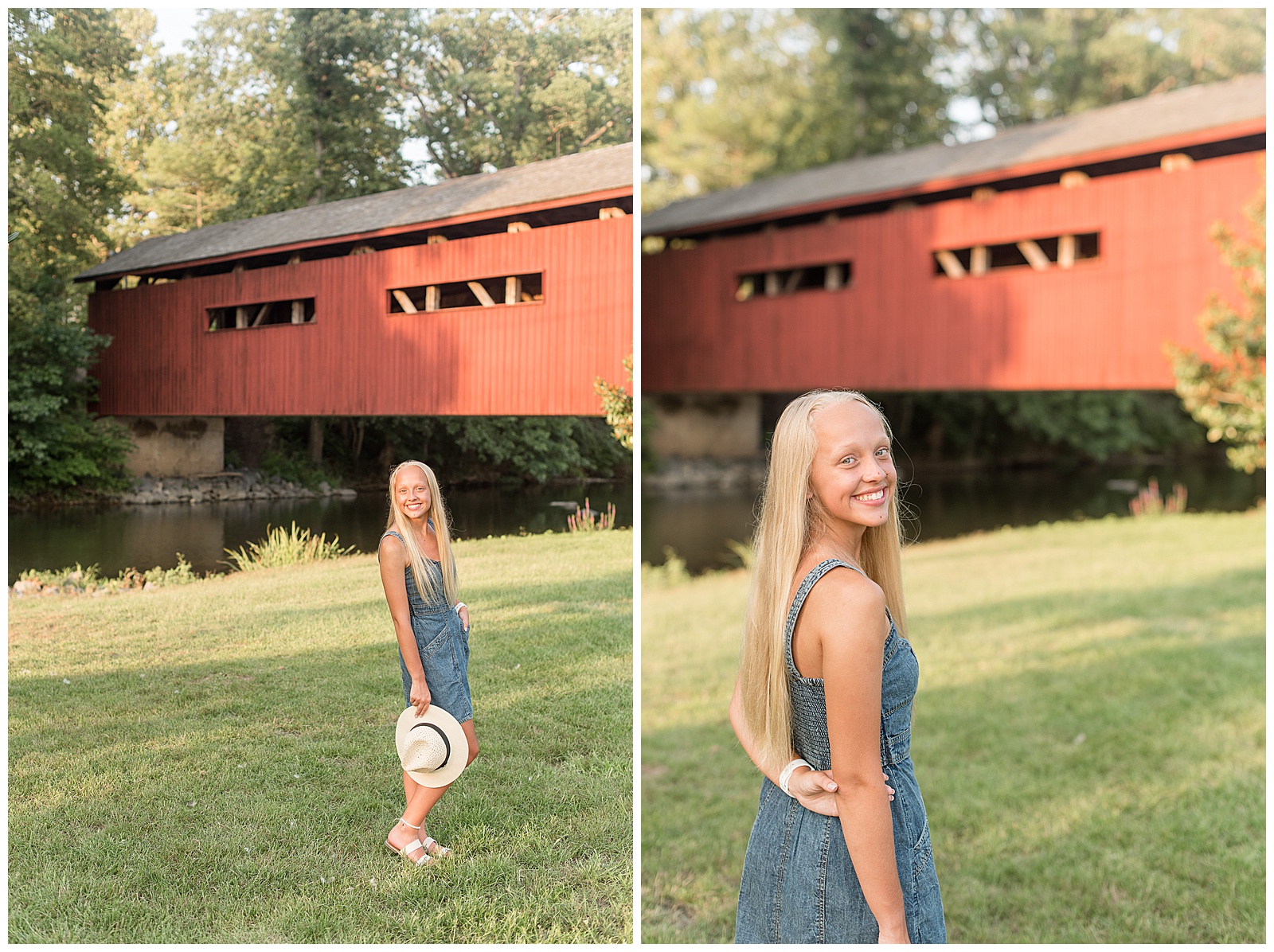senior girl in blue sleeveless dress holds her hat in right hand and looks over shoulder by red covered bridge