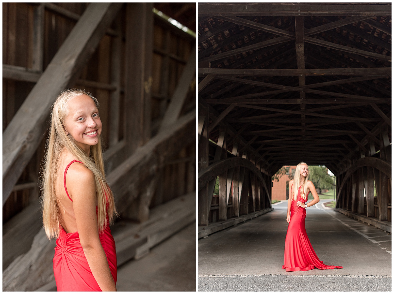 senior girl wearing beautiful long red prom gown poses inside historic covered bridge on sunny summer evening