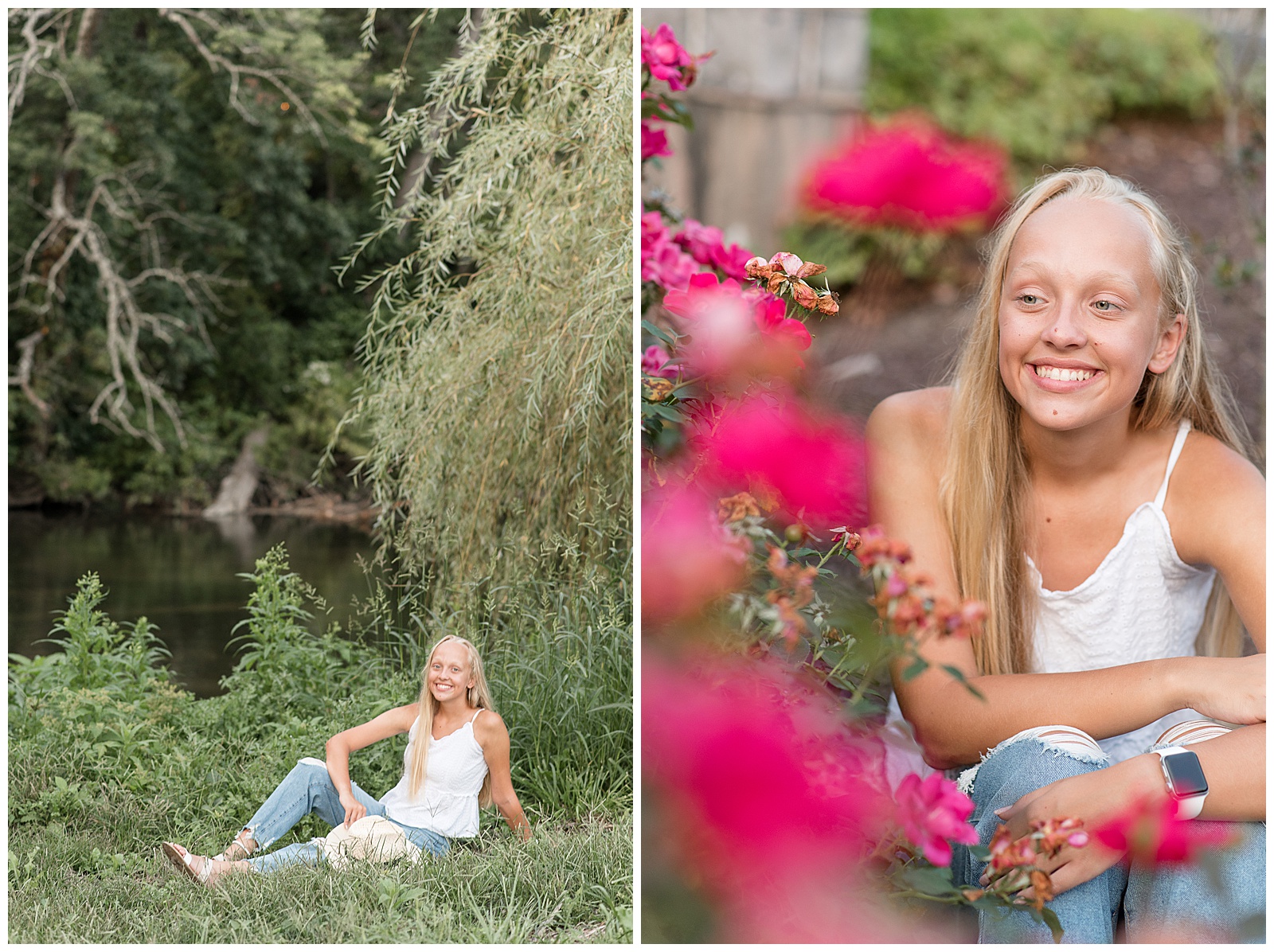 senior girl sitting in the grass nestled by plants and colorful bushes on sunny summer evening 
