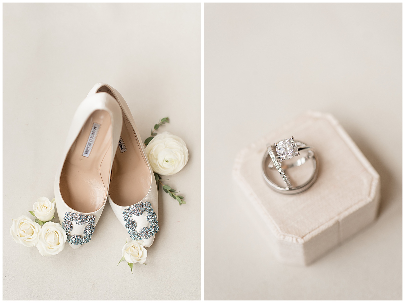christian louboutin bridal shoes with rhinestones displayed with white roses and wedding rings in white box