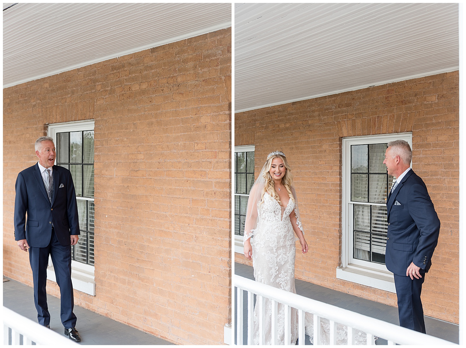 first look moment between bride and her father along light colored brick wall and white fence on bright day