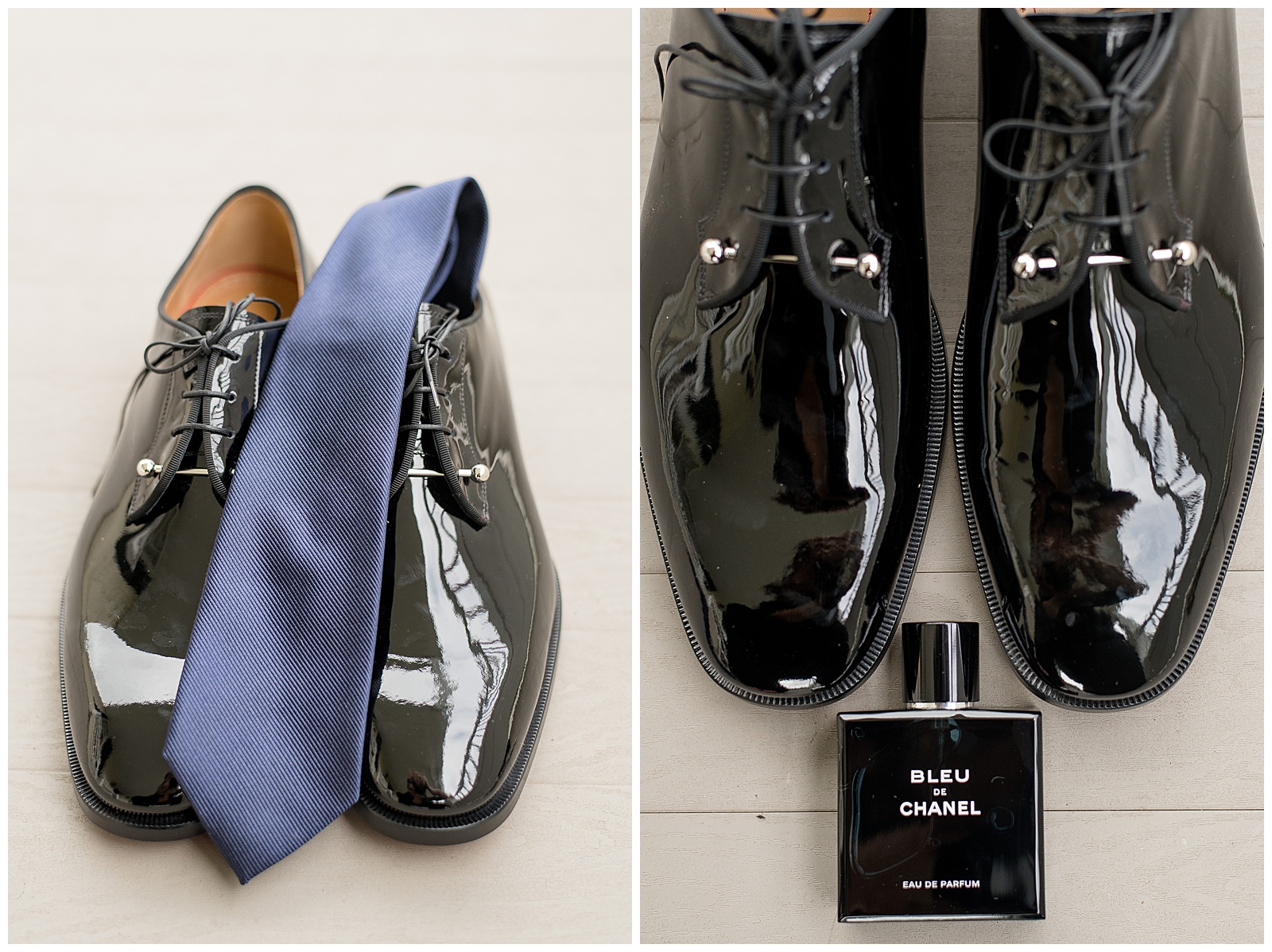 groom's black patent leather shoes with navy blue tie displayed over them for wedding at Antrim 1844