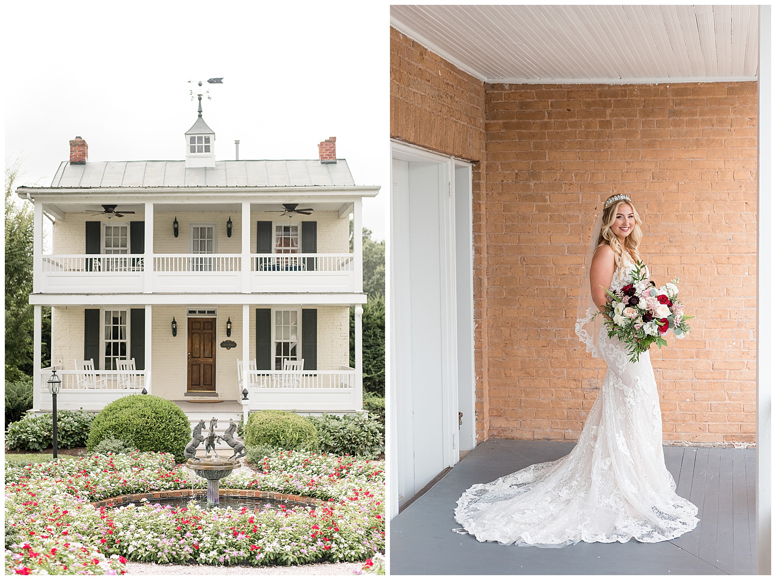 historic Antrim 1844 wedding venue's white home with black shutters and beautiful flower gardens with fountain