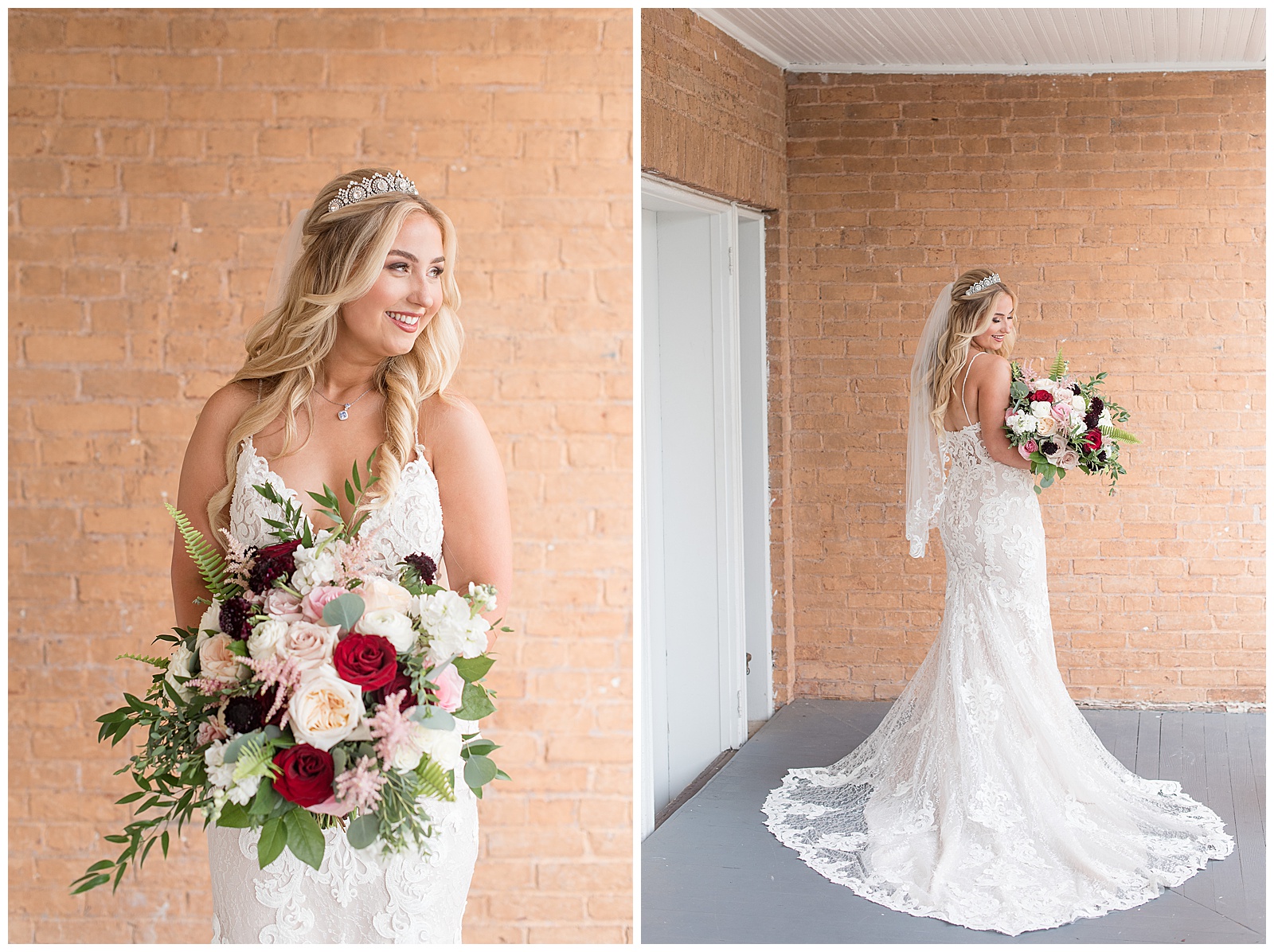 bride posing with her train displayed on ground as she holds beautiful bridal bouquet on summer day