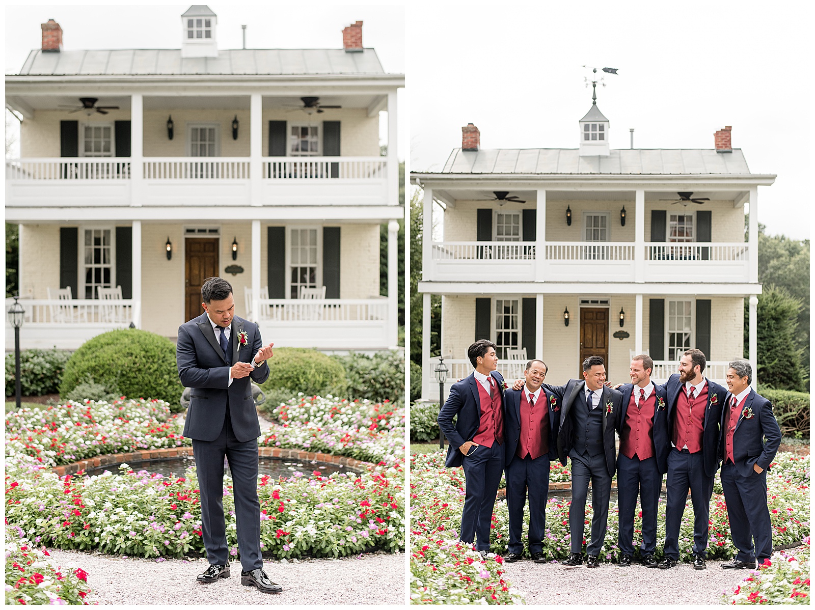 groom adjusting his watch on left wrist and standing with his five groomsmen outside historic white home