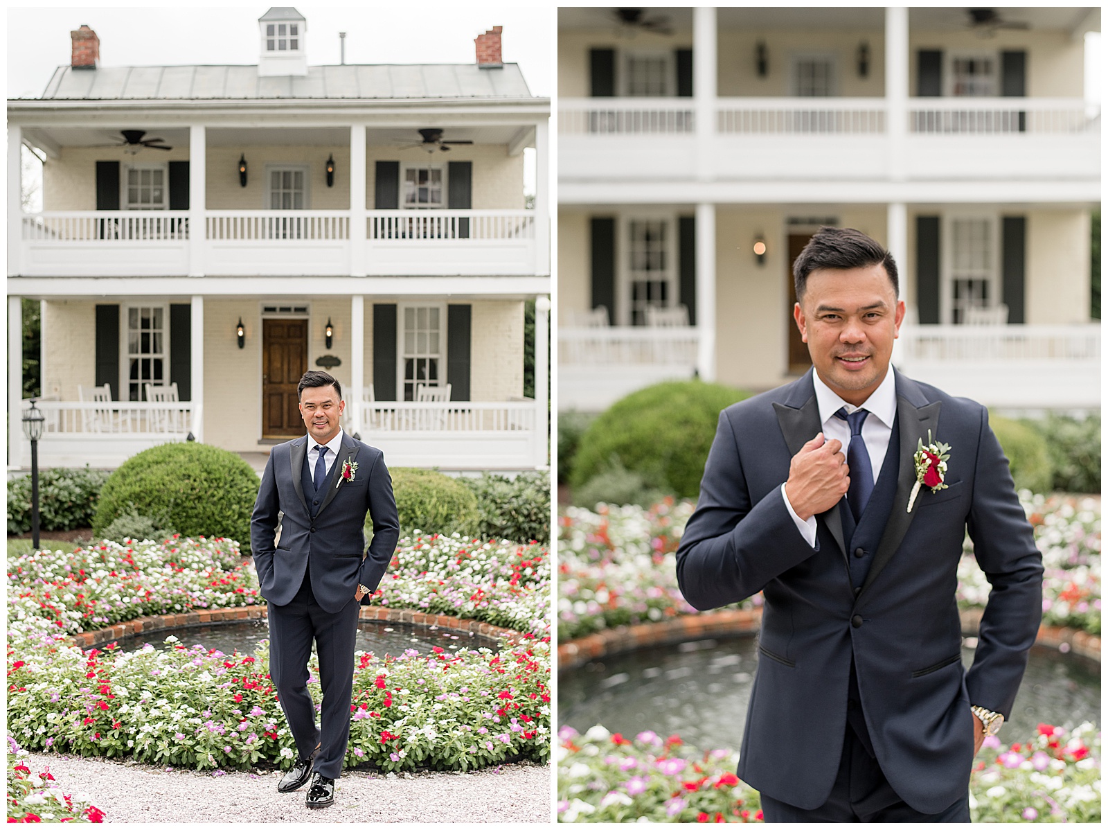groom looking directly at camera smiling and holding edge of suit coat outside white home with black shutters