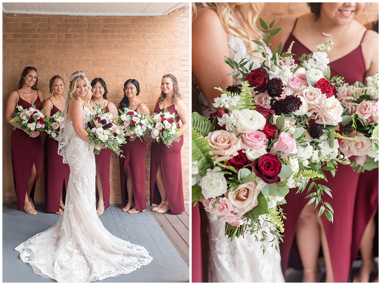 bride standing in front of her five bridesmaids with her gown's train on display as they all hold bouquets
